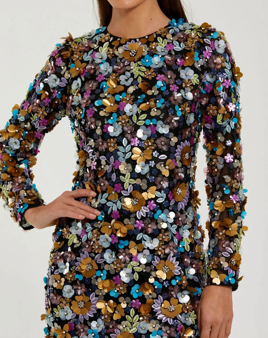 Black Long Sleeve Multicolor 3D Sequin Mini Dress