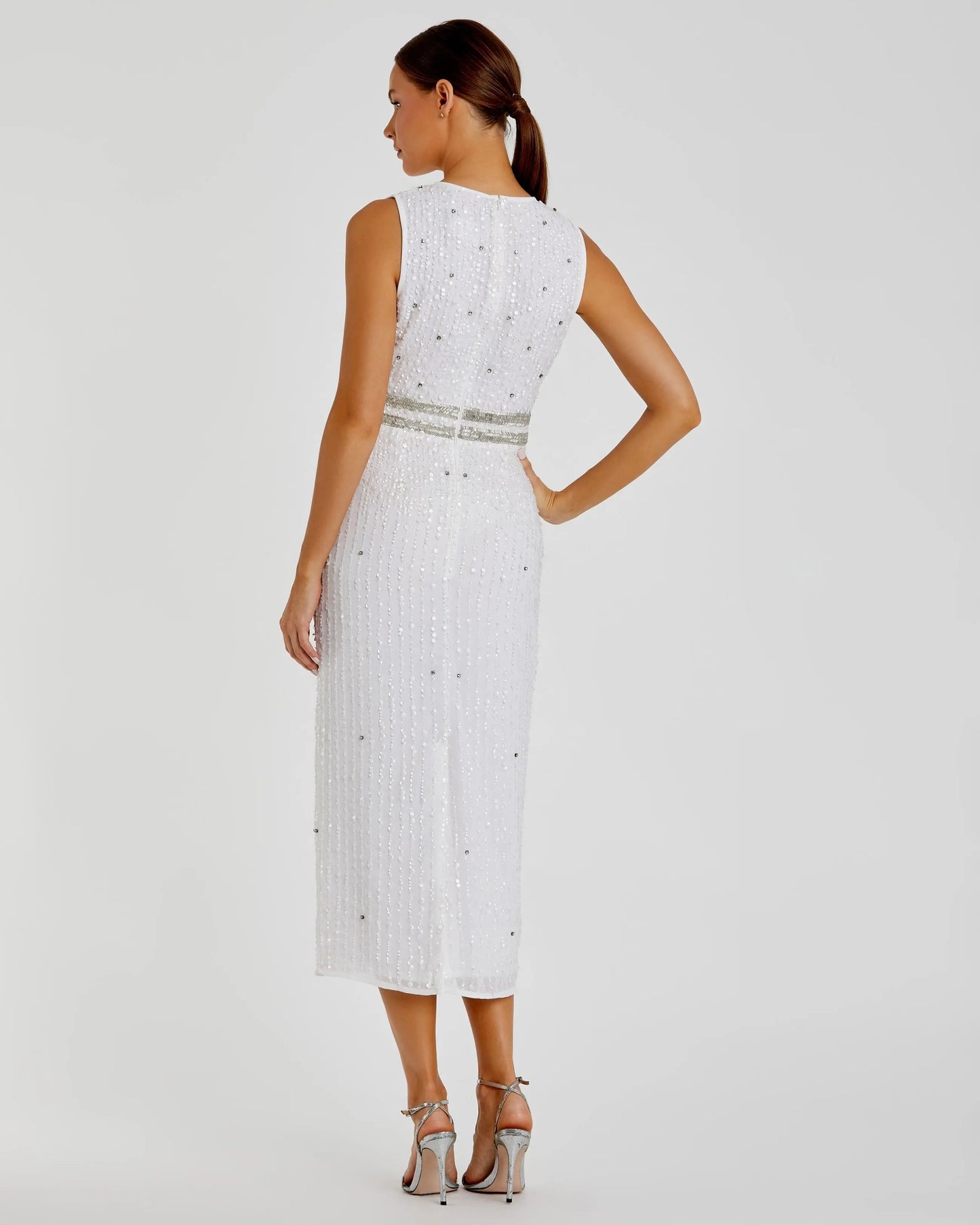 White Sleeveless High Neck Beaded Midi Sheath Dress - FINAL SALE