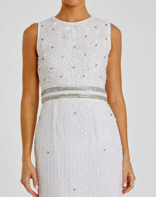 White Sleeveless High Neck Beaded Midi Sheath Dress - FINAL SALE