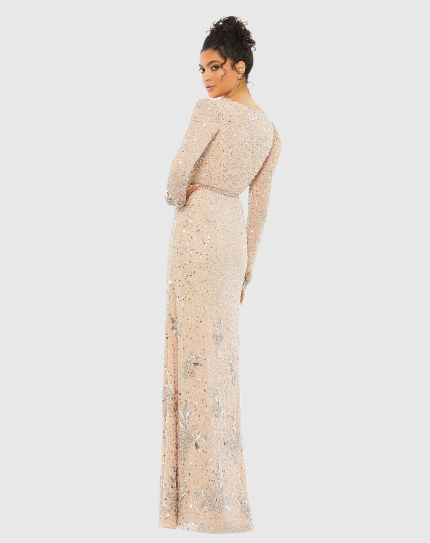 Beige Sequined Floral Embellished Long Sleeve Gown