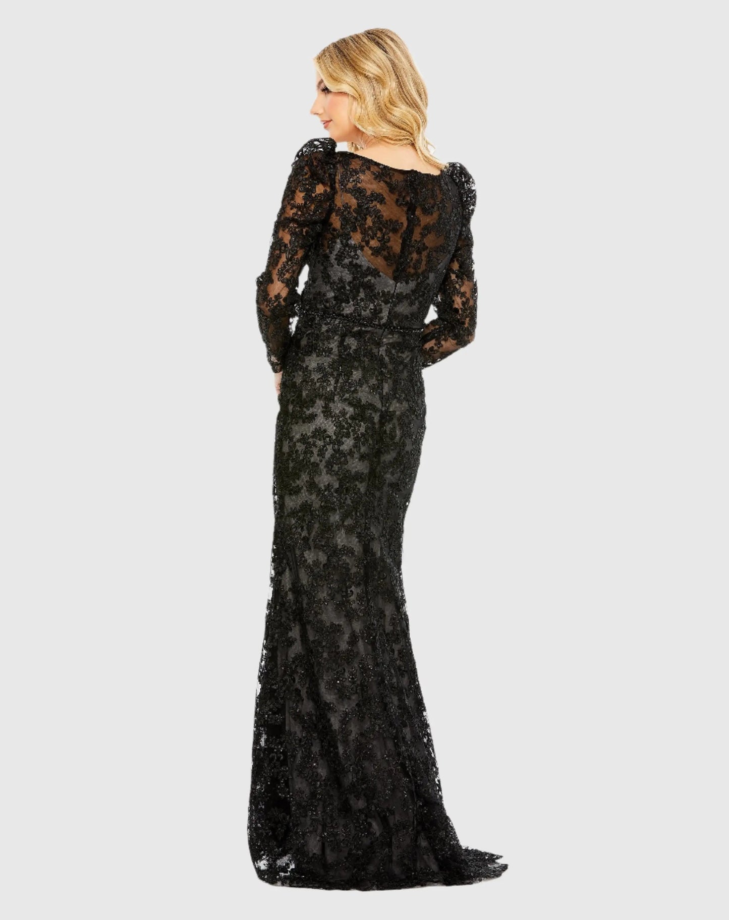 Black Embroidered Lace Puff Sleeve Wrap Over Gown