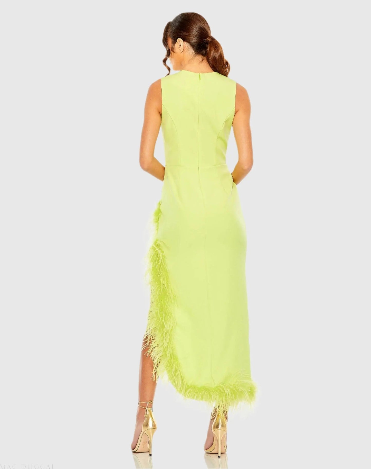 Green Ruched High-Low Sheath Dress with Feather Trim