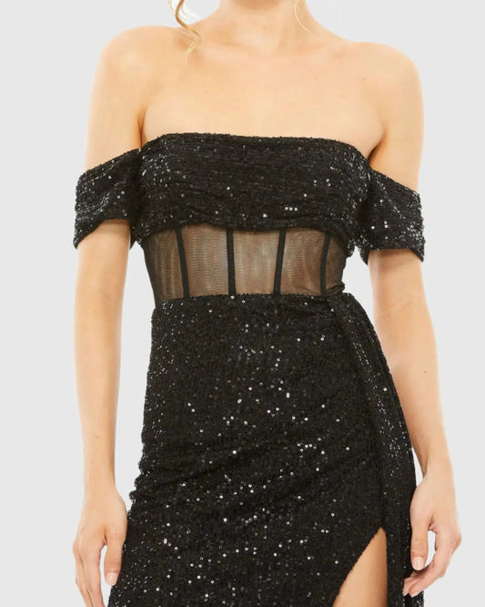 Black Off-the-Shoulder Sequined Corset Gown with Slit