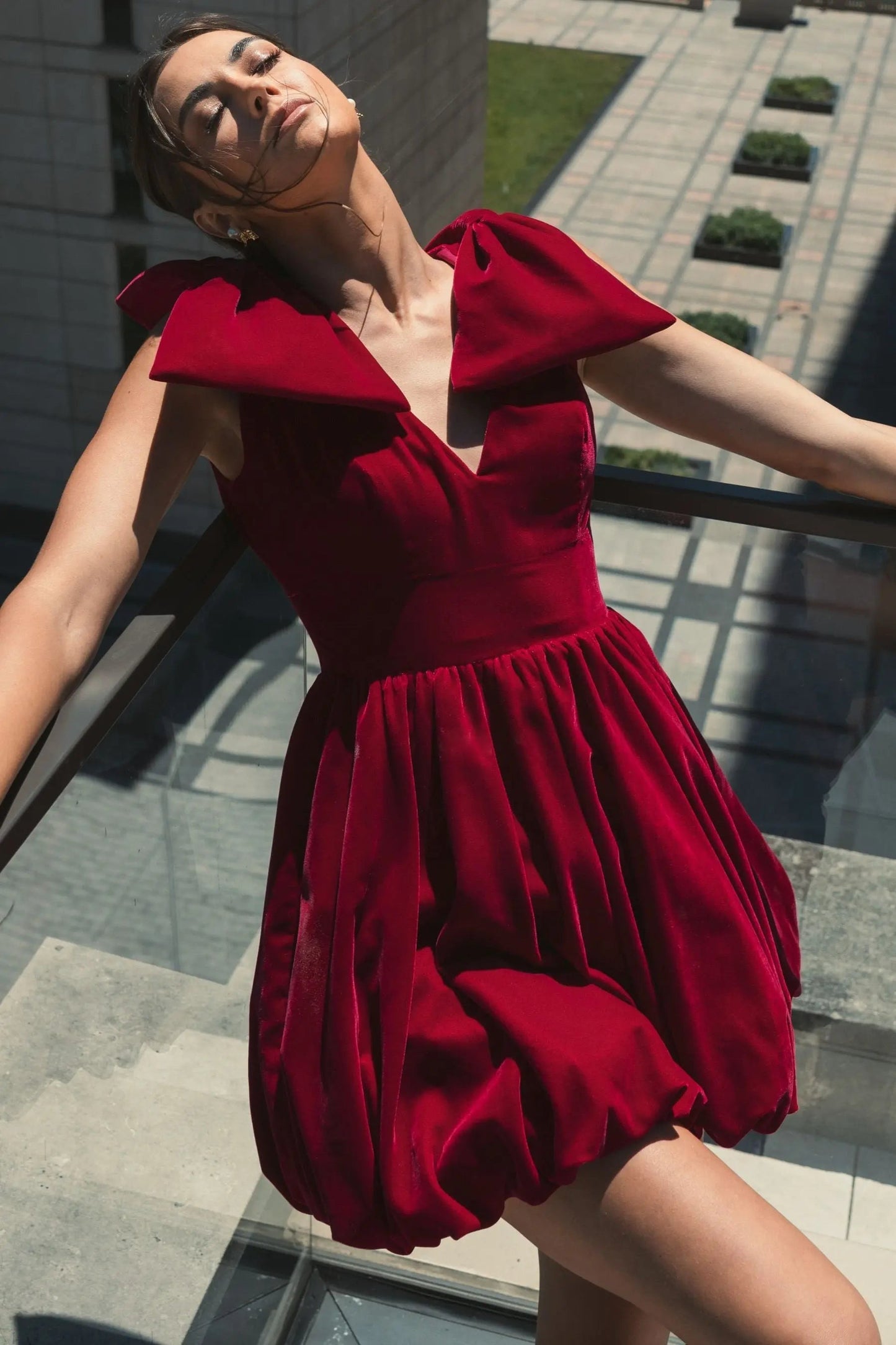 Red Velvet Shoulder Bow Bubble Mini Dress