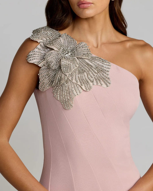 Pink Crepe One Shoulder Gown With Crystal Flower