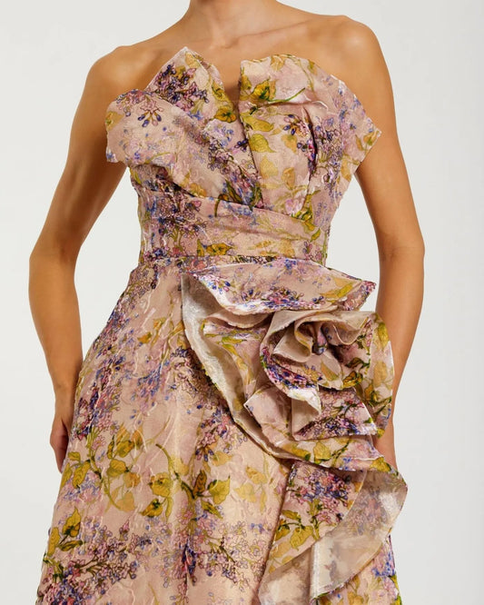 Pink Strapless Velvet Floral Ball Gown with 3D Rosette