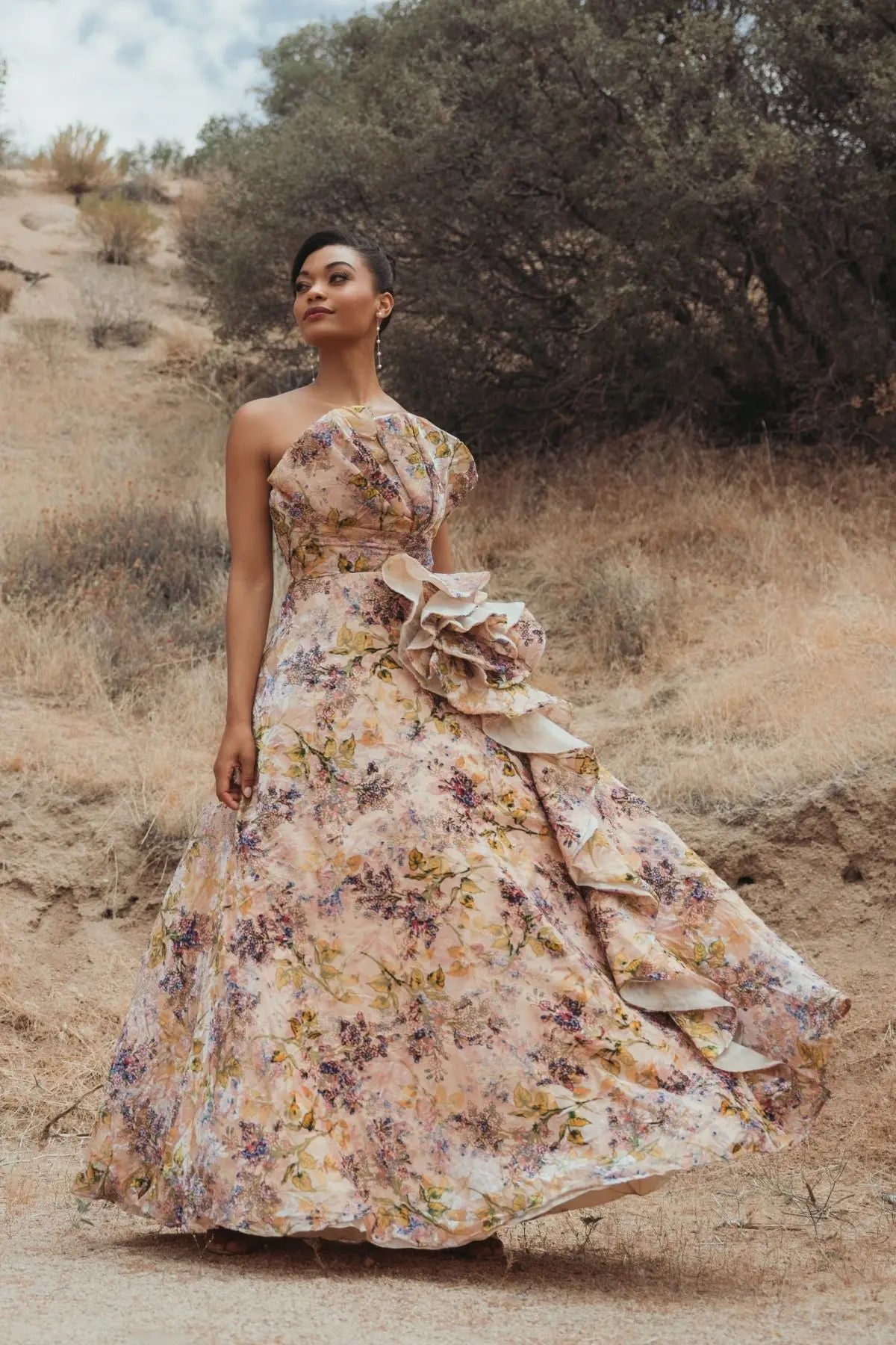 Pink Strapless Velvet Floral Ball Gown with 3D Rosette
