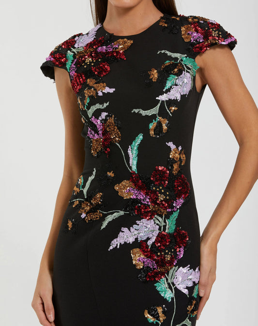 Black Floral Sequin Embellished Trumpet Gown