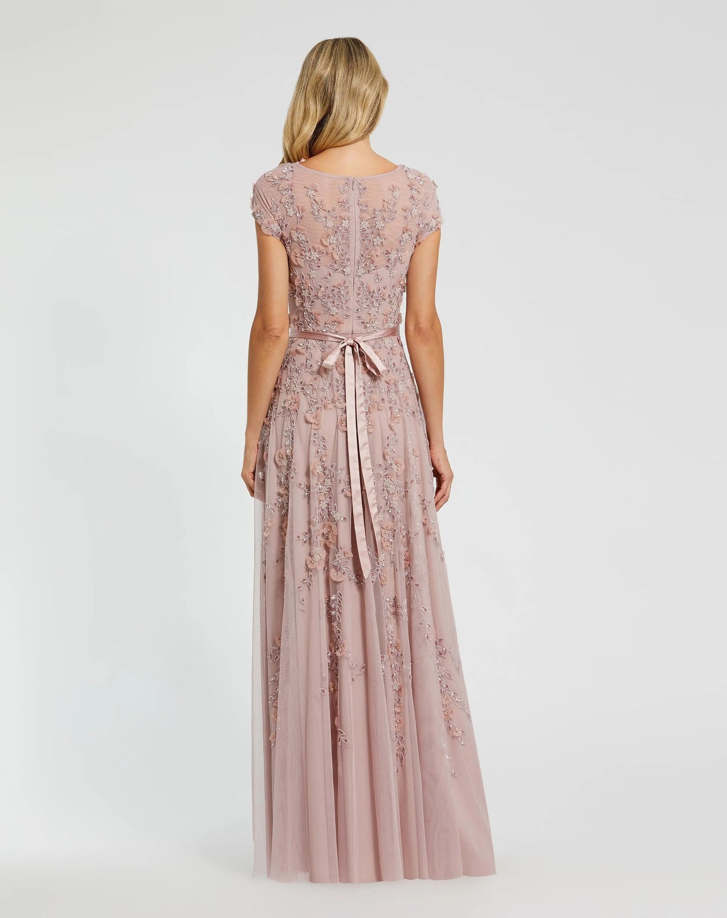 Pink Floral Embellished Cap Sleeve Gown