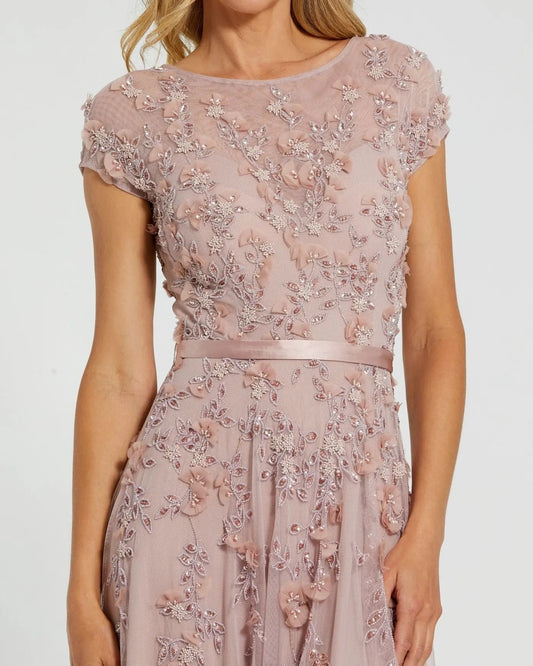 Pink Floral Embellished Cap Sleeve Gown