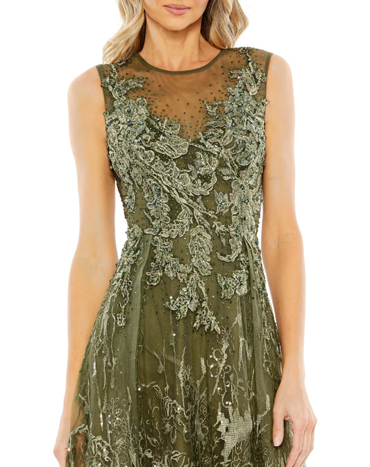 Green Embellished Embroidered Sleeveless A Line Gown