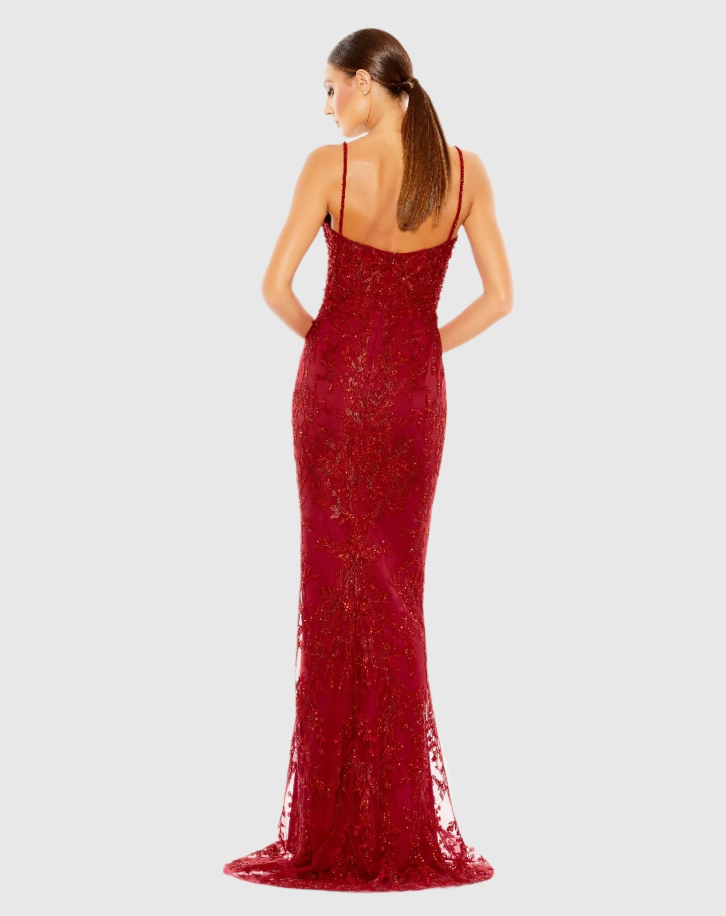 Red Embellished Plunge Neck Illusion Mermaid Gown