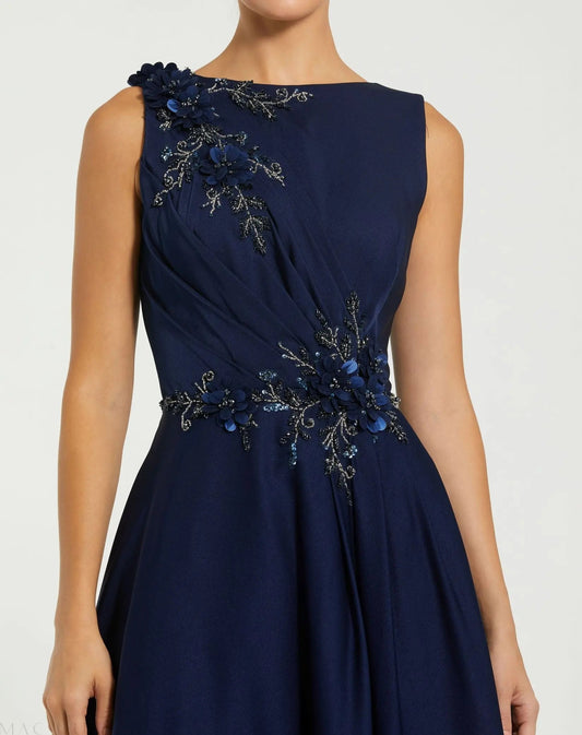 Navy Floral Applique Sleeveless A Line Gown