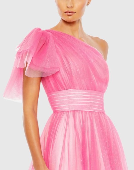 Pink Glitter Ombre Ruffled One Shoulder Ballgown - FINAL SALE