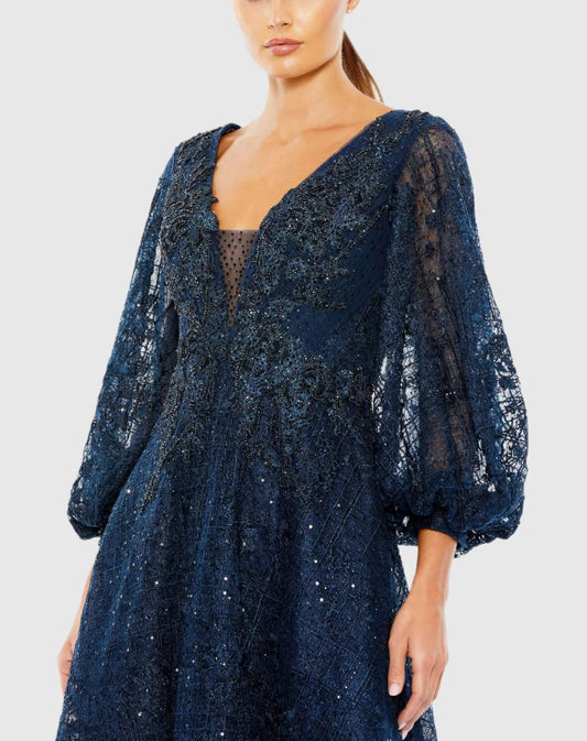 Navy Embellished Plunge Neck Bishop Sleeve Dress