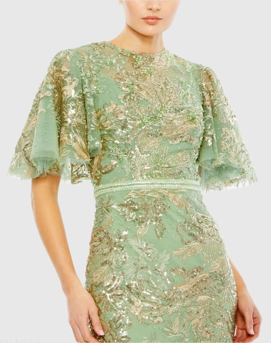 Green Embellished Flutter Sleeve High Neck Gown