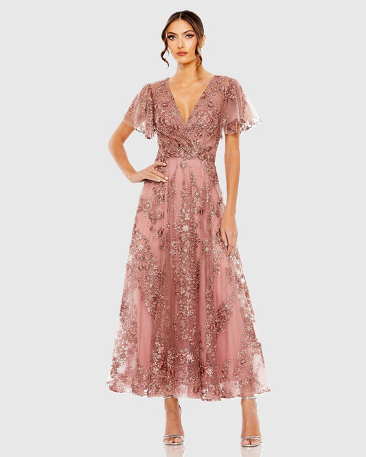 Pink Embroidered Flutter Sleeve A Line Dress
