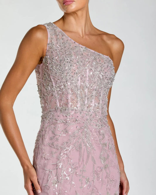 Purple One Shoulder Hand Embellished Evening Gown