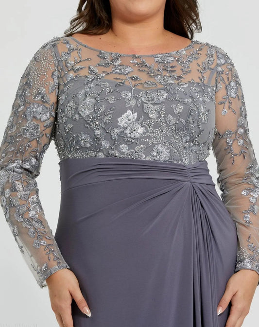 Gray Embroidered Top Jersey Skirt Gown (Plus)