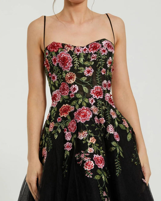 Black Multicolor Bustier Embroidered Floral A-Line Dress