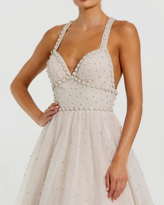 Light Pink Pearl Beaded High Low Gown