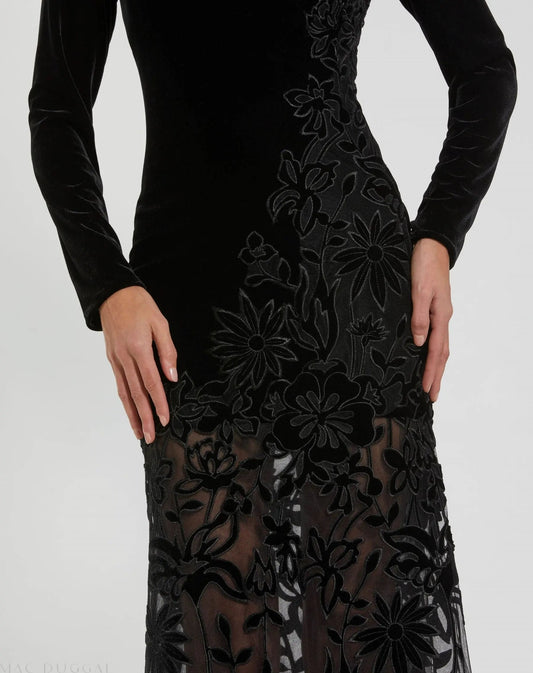 Black Long Sleeve Sheer Floral Embroidered Velvet Gown