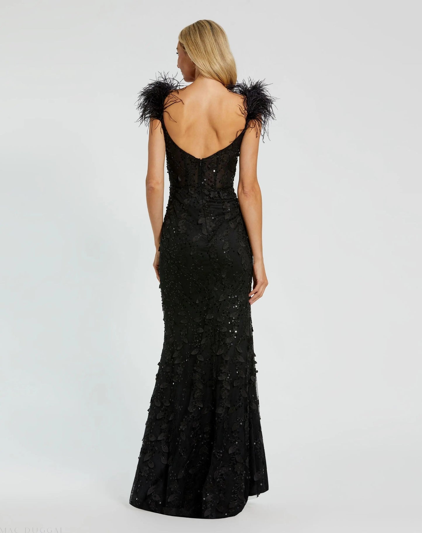 Black Sheer Applique Bustier Gown with Feather Straps