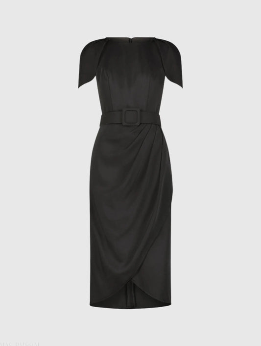 Black Crepe Boat Neck Midi Tulip Dress With Belt