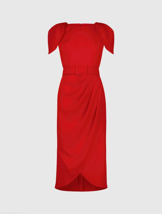 Red Crepe Boat Neck Midi Tulip Dress With Belt