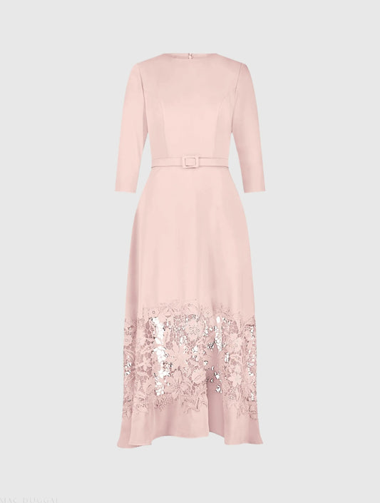 Pink Crepe Boat Neck Midi Dress With Applique Cut Out