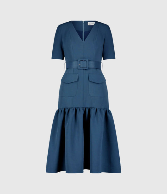 Blue Crepe 3/4 Sleeve Midi Dress With Belt And Pockets