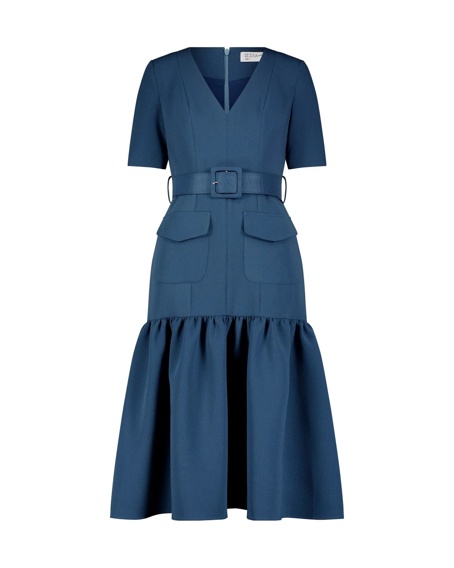 Blue Crepe 3/4 Sleeve Midi Dress With Belt And Pockets