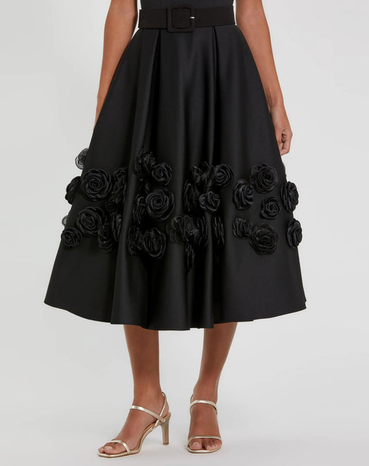 Black Satin Cap Sleeve A Line Midi Dress With 3D Flowers