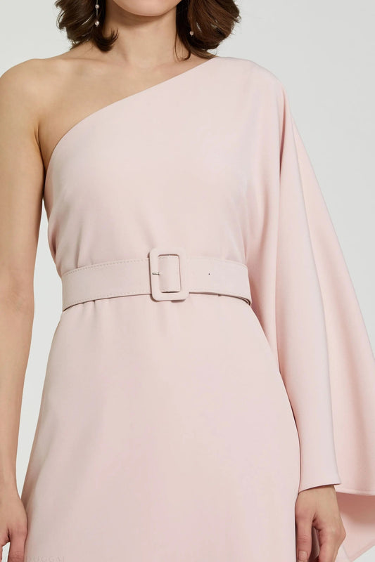Pink Crepe One Sleeve Belted Kaftan Dress