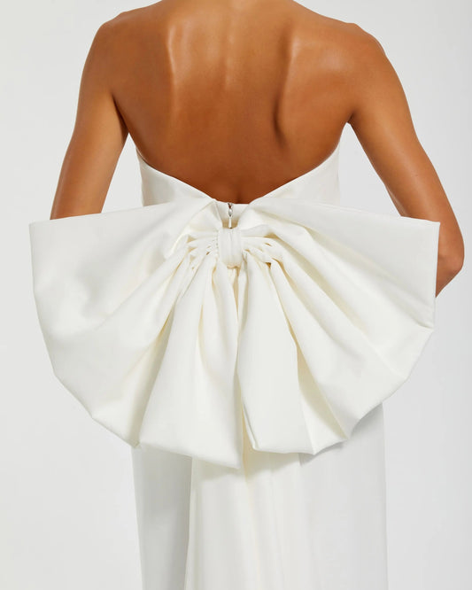 White Strapless Satin Sheath Dress with Bow