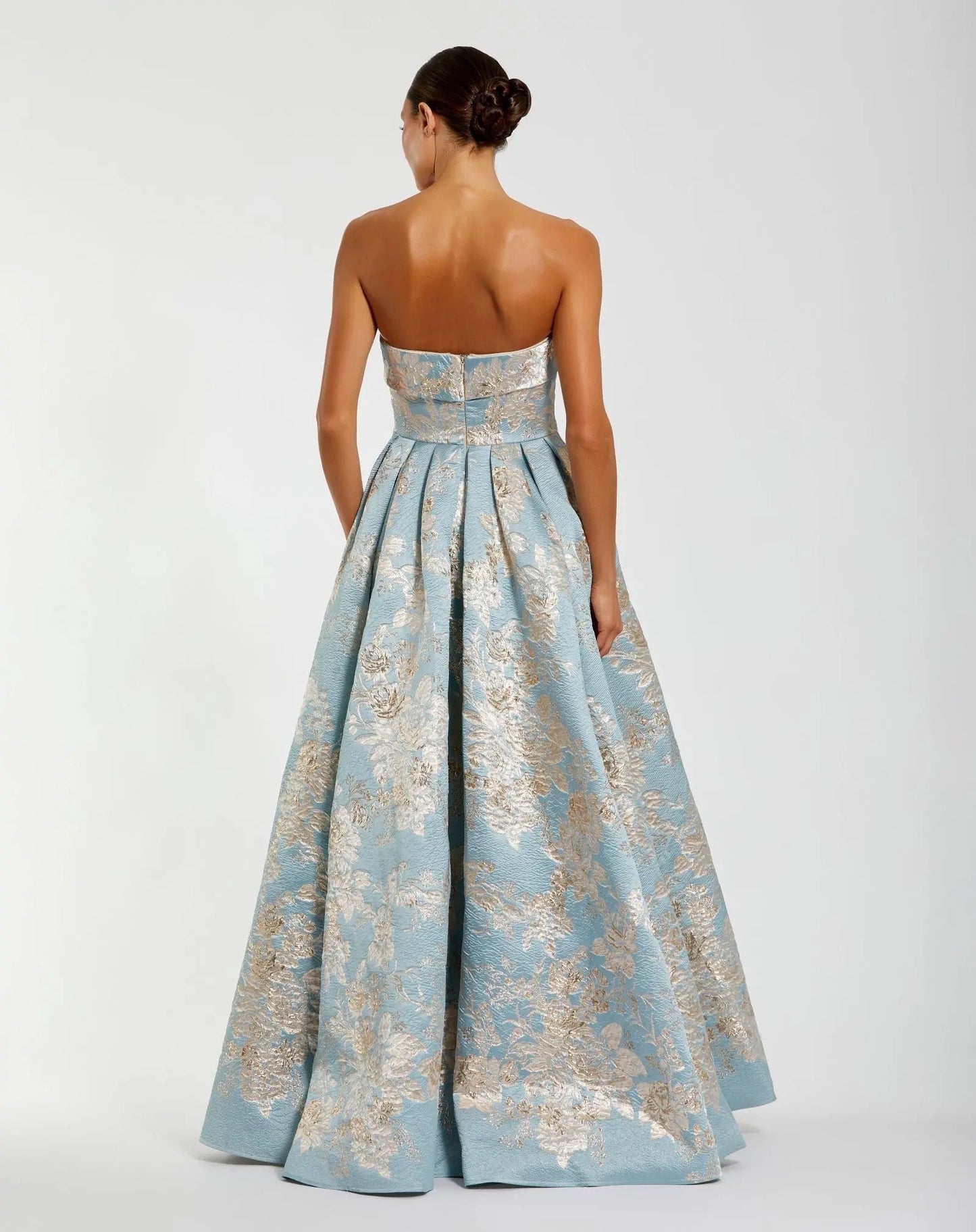 Blue Strapless Brocade Ball Gown with Pockets