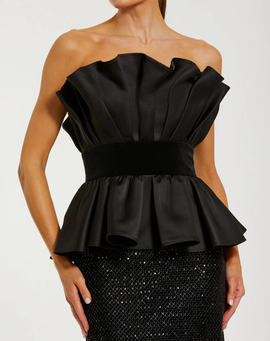 Black Strapless Satin Peplum Sequin Column Gown