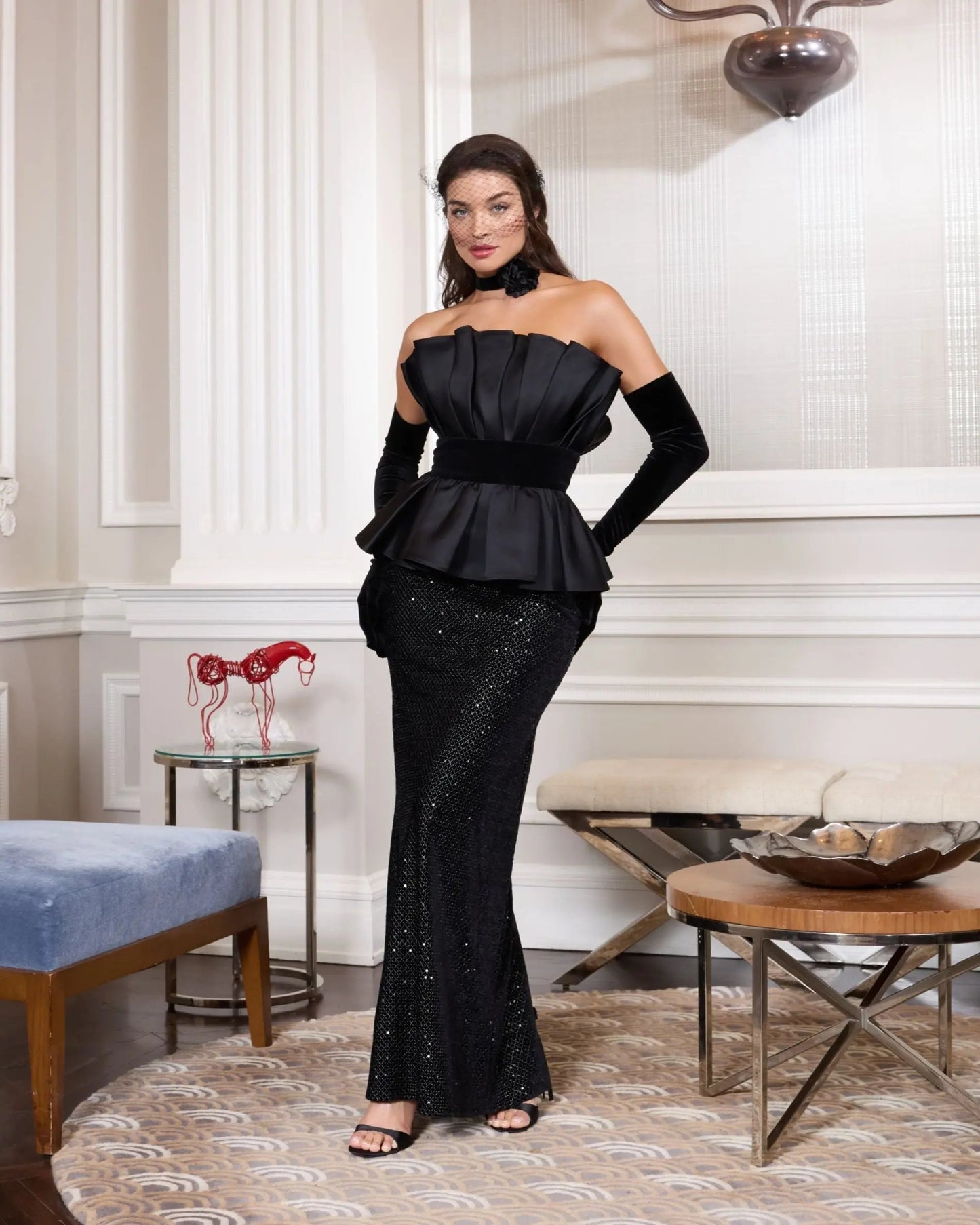 Black Strapless Satin Peplum Sequin Column Gown