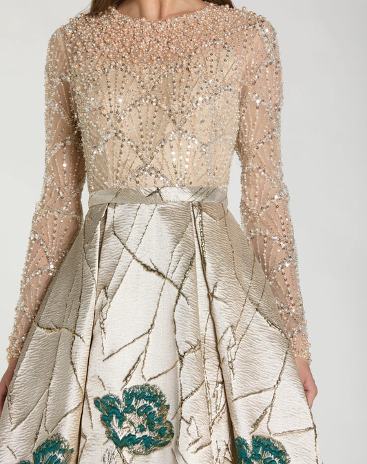 Gold Long Sleeve Embellished Floral Brocade Ball Gown