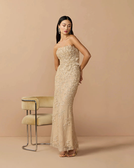 Beige Strapless Embellished Lace Gown with 3D Flower