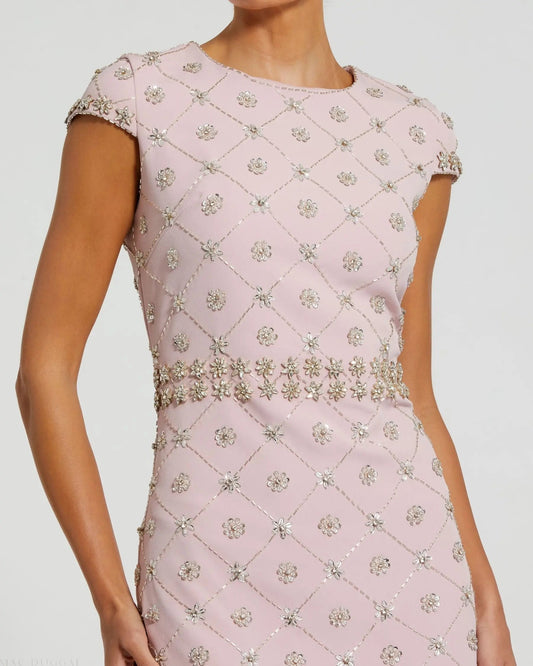 Pink Hand Embellished High Neck Midi Dress