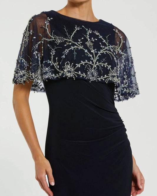 Navy Fitted Jersey Gown with Embellished Cape