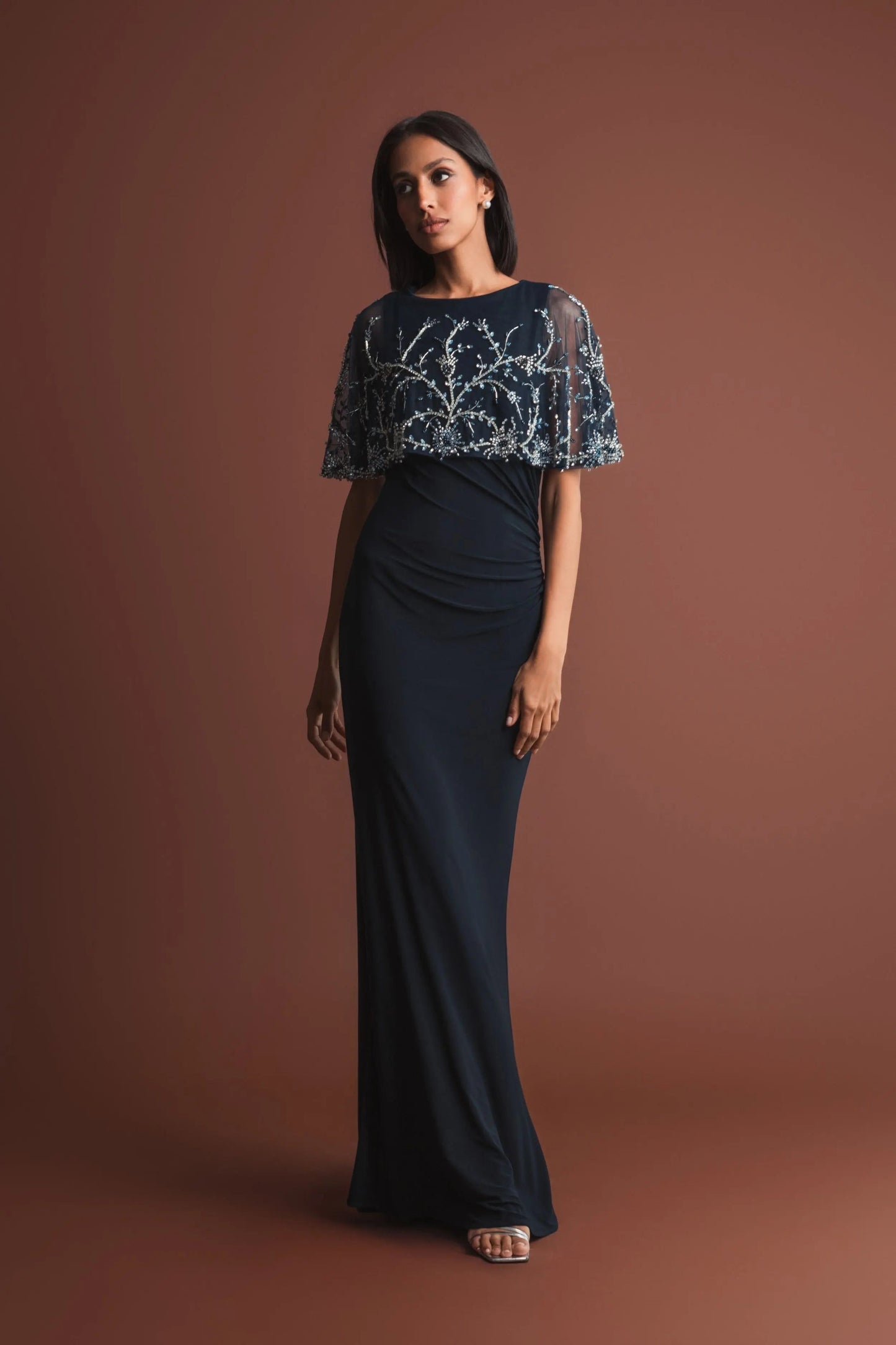 Navy Fitted Jersey Gown with Embellished Cape