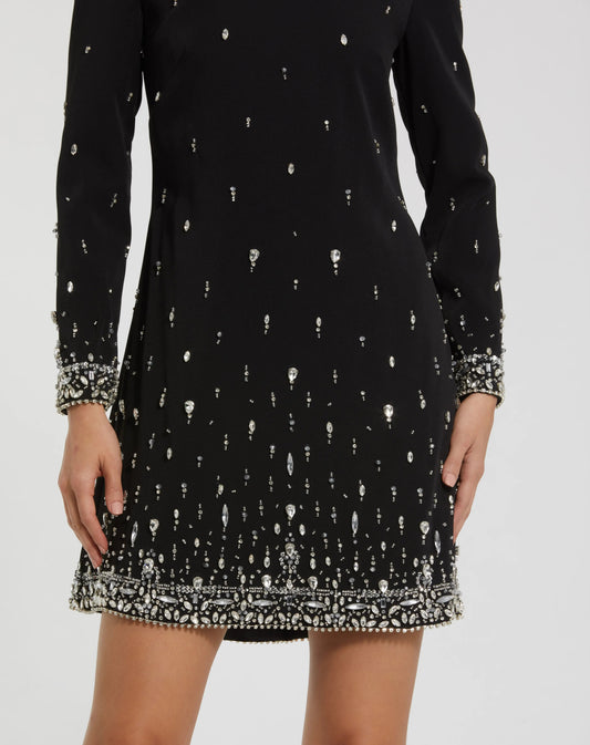 Black Embellished Crepe Long Sleeve Mini Dress