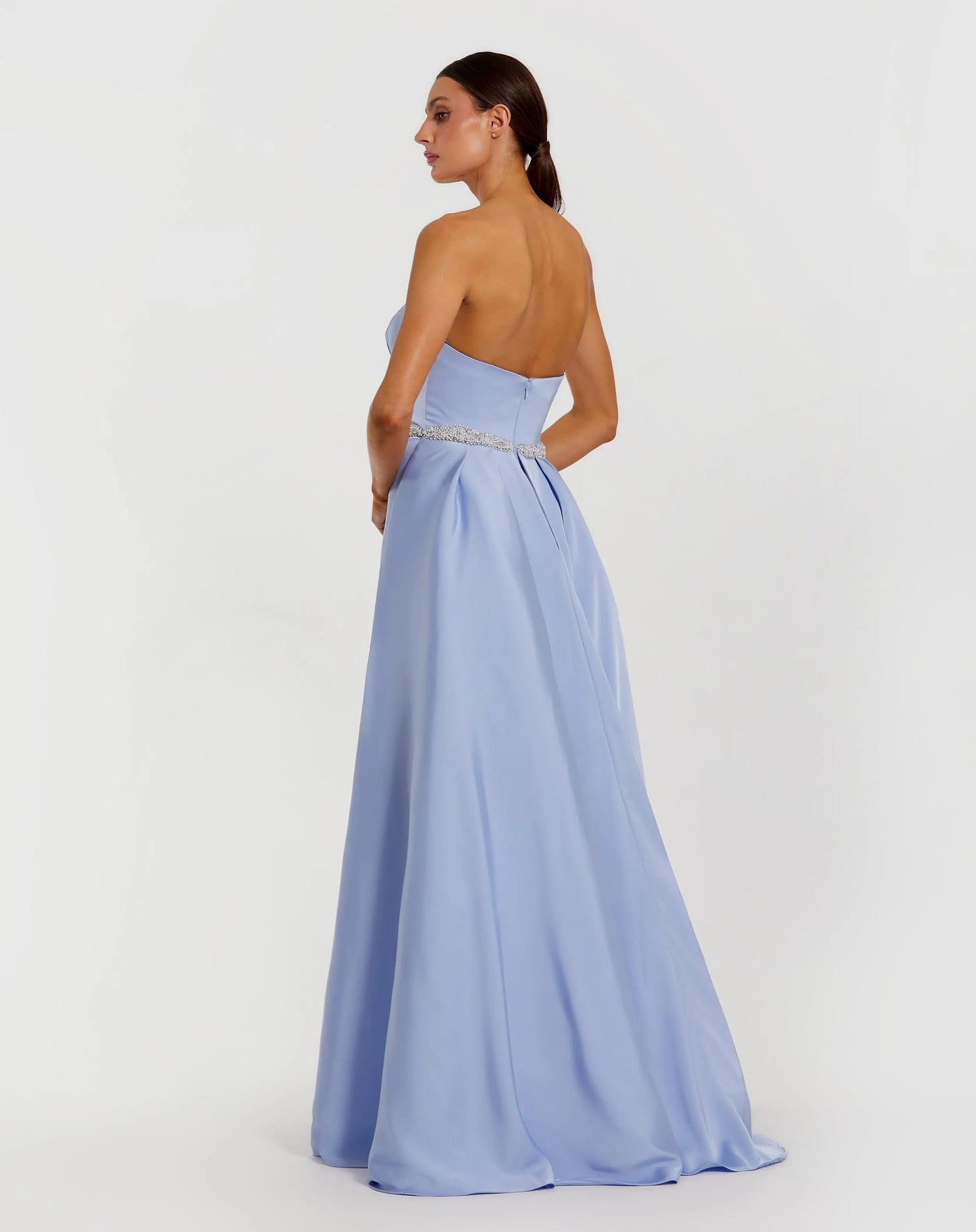 Blue Strapless Embellished Satin Gown with Overskirt