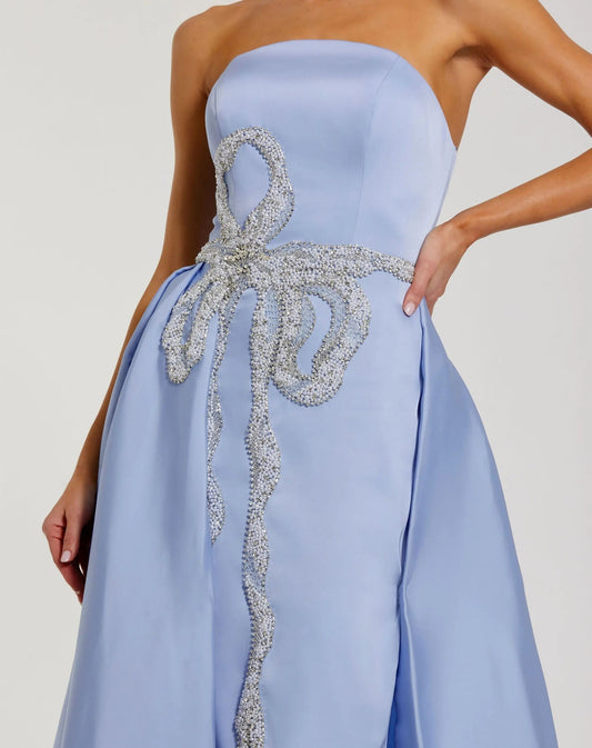 Blue Strapless Embellished Satin Gown with Overskirt