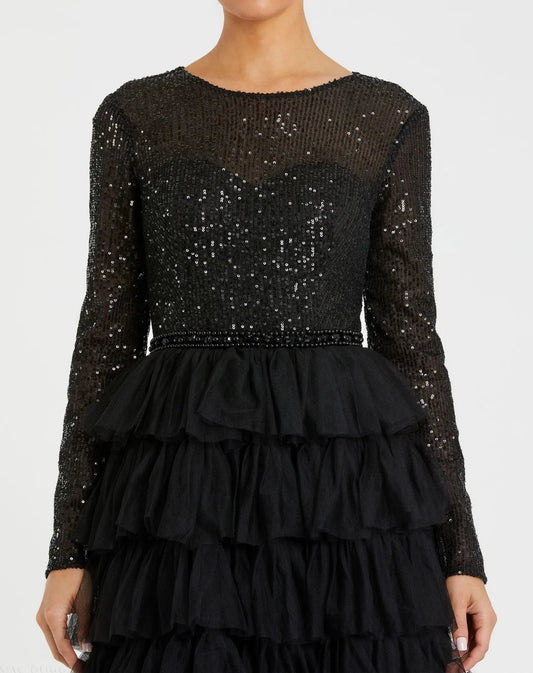 Black Long Sleeve Ruffle Tiered Midi Dress