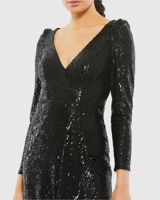 Black Faux Wrap Long Sleeve Sequin Gown