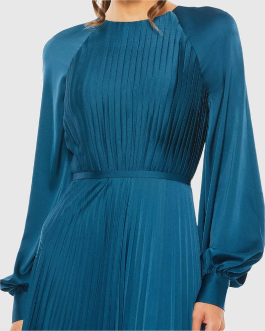 Blue Pleated High Neck Long Sleeve Gown with Slit