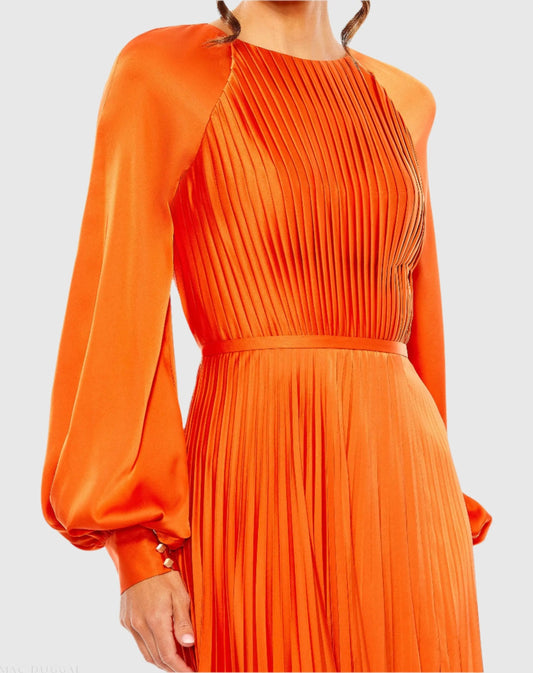 Orange Pleated High Neck Long Sleeve Gown with Slit